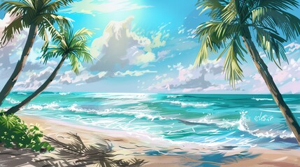 Obraz premium Relaxing Beach Scene with Palm Trees, Gentle Waves, and a Bright, Sunny Day