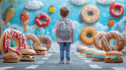 Childhood food Obesity theme A depiction of childhood obesity, highlighting the long-term health risks and early onset of related diseases. Child and fastfood