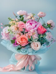 Floral bouquet in a package on a light blue background, peonies, roses, pink and blue packaging