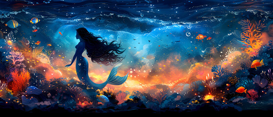illustration of a mermaid under the sea swimming with ornamental fish and colorful coral reefs