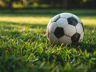 Fototapeta premium Worn Soccer Ball Resting on Lush Green Grass in Park