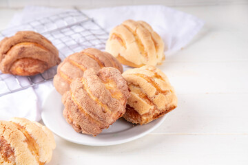 Mexican traditional conchas pastry, cookie or bread bun