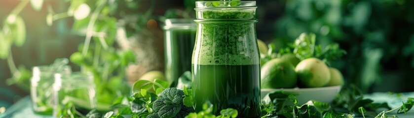 Fresh green smoothie in jars surrounded by healthy greens and limes, perfect for nutrition and wellness themes.