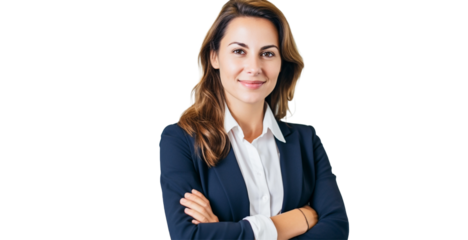 Business woman portrait in suit, crossed arms isolated on white transparent background.