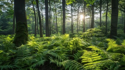 Lush green ferns thrive in a sunlit forest, surrounded by tall trees and soft rays of light filtering through the leaves.