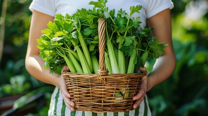 Fototapeta premium a person in a white shirt carries a basket filled with celery
