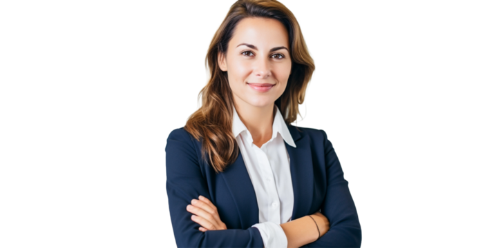 Business woman portrait in suit, crossed arms isolated on white transparent background.