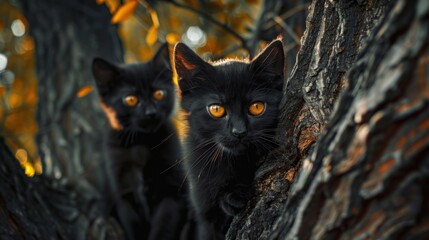 Black Cats in Tree. Mysterious Black Feline Brothers with Yellow Eyes