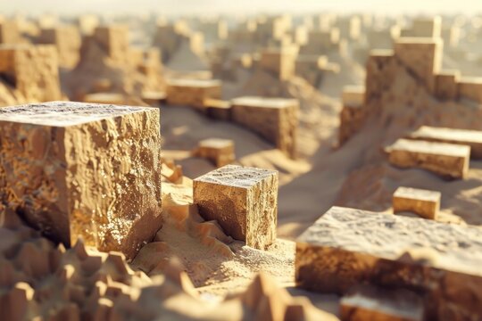Golden cubes are forming an abstract landscape in the desert, bathed in warm sunlight - Powered by Adobe