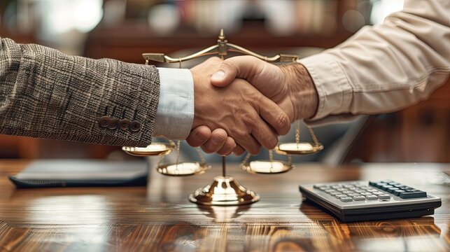lawyer and his client shaking hands over a table, with scales of justice - Powered by Adobe
