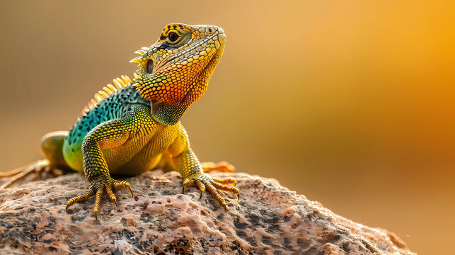 A vibrant desert lizard basking on a sunlit rock, its scales shimmering against the golden backdrop.