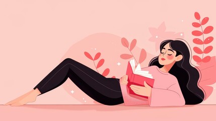 A cozy scene of a girl lying down, deeply engrossed in a book, surrounded by a warm and inviting atmosphere.