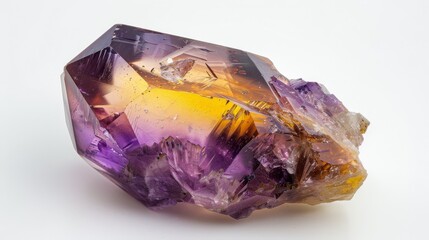 Fototapeta premium Polished Ametrine Gemstone, CloseUp of Bicolor Quartz Crystal with Purple and Yellow Hues, Ideal for Jewelry Design and Collection