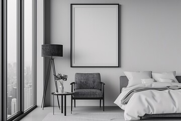 Modern, minimalist living room overlooking the city with elegant furniture and decor