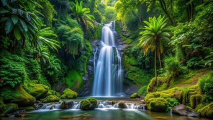 Tropical forest waterfall cascading down lush greenery , waterfall, nature, tropical, forest, greenery, plants, trees, tranquil