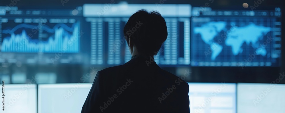 Poster businessman monitoring global financial data. financial analyst with world maps and charts. trader a