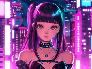 Unique anime style drawing of a futuristic girl with cyberpunk vibes and vibrant colored hair.