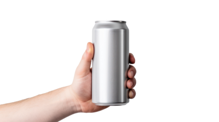 A hand is holding a can of beverage isolated on a white background.