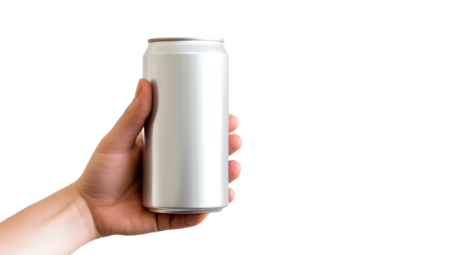 A hand is holding a can of beverage isolated on a white background.