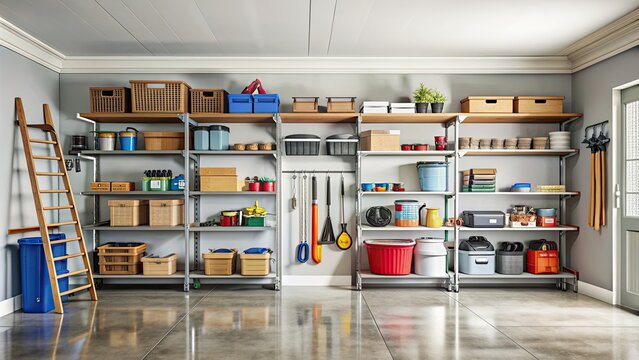 Tidy and organized garage with shelves in perfect order , garage, organized, shelves, storage, tools, equipment, clean