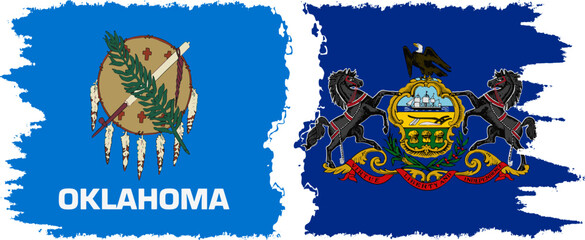 Pennsylvania and Oklahoma states grunge brush flags connection, vector