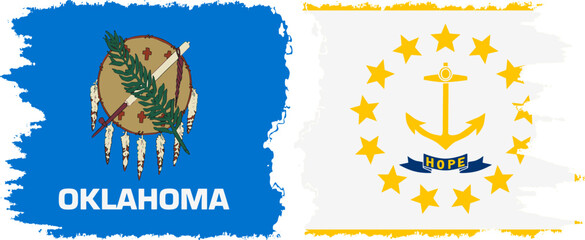 Rhode Island and Oklahoma states grunge brush flags connection, vector