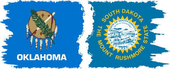 South Dakota and Oklahoma states grunge brush flags connection, vector