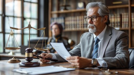 lawyer is sitting at his desk, holding the document in front