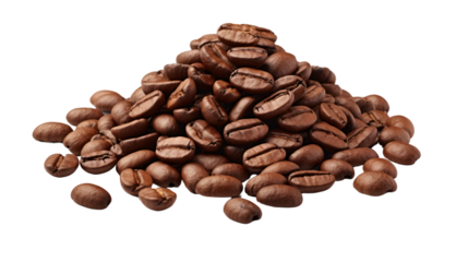 A pile of roasted coffee beans isolated on white background.