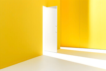 White door opening in a bright yellow room. Copy space