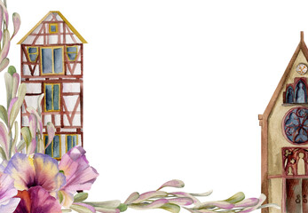 Old European city town street houses facades, pansy flowers, linden key seed. Historical cityscape building. Watercolor hand drawn border frame. Tourist shops, souvenirs, travel brochures, real estate
