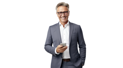 Mature CEO in a tailored suit, confidently standing Isolated from the white background.