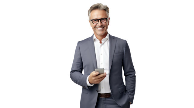 Mature CEO in a tailored suit, confidently standing Isolated from the white background.