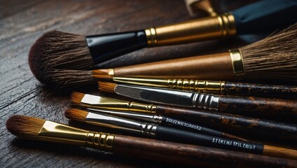 Fototapeta premium Detailed view of artist's professional brushes and tool