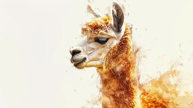 Close-up of a llama's face on a white background, useful for animal or farm-themed designs