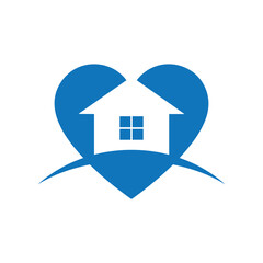 This is a simple flat logo that depicts a house on a heart shape in blue color on a white background