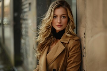 Fototapeta premium Portrait of a beautiful young woman with long blond hair wearing a brown coat in the city