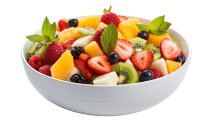 Fresh mixed fruit salad in a bowl isolated on white background