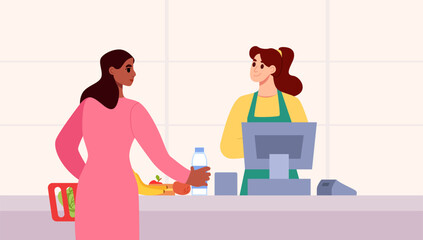 People Shopping in Supermarket. Cashier and Customer with Cart. Flat Vector Illustration.