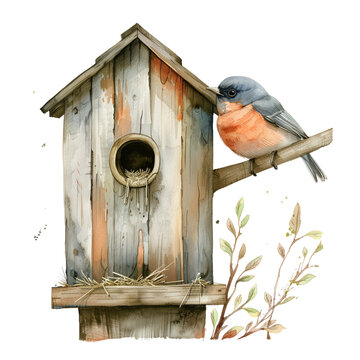 recommend clip art: Wooden bird house  watercolor painting illustration transparent