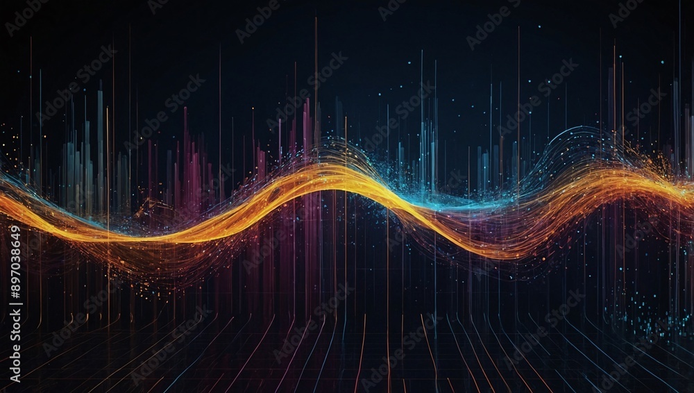 Poster digital abstract background featuring big data visualization and technology wave. high contrast