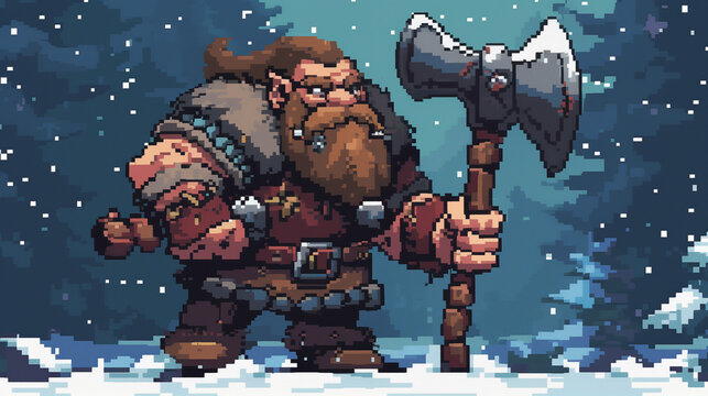 Fototapeta A stout dwarf warrior wielding an axe , pixel art, game assets