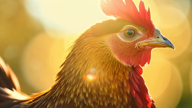Close-up of a rooster with sunlight and bokeh background