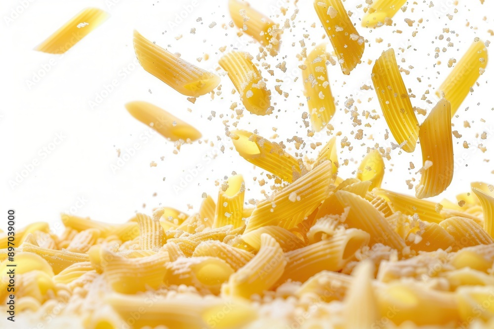Poster uncooked pasta pieces fall gracefully against a white background, creating a dynamic and elegant ima