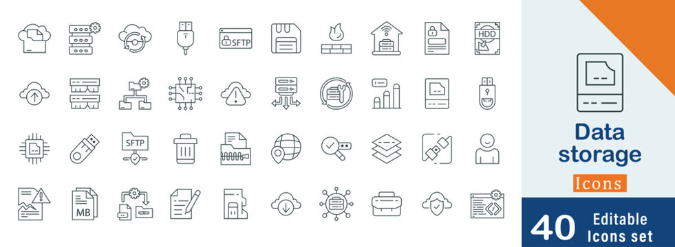 Data storage editable stroke line icon set. containing SFTP,  Email Envelopes, User Profiles, Data Backup, Data Recovery and more icon