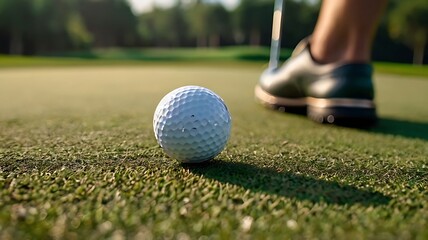 A close-up shot of a golf ball on the green, with a golfer's foot and putter in the background.