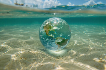 Planet Earth floats under a layer of crystal clear water. Global warming, travel concept. Generated by artificial intelligence