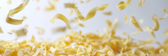 Obraz premium Raw Italian pasta falls gracefully through the air, landing on a white surface. Generative AI