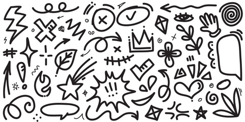 Doodle set of hand-drawn cartoony expression sign doodle, curve directional arrows, emoticon effects design elements, cartoon character emotion symbols, cute decorative brush stroke lines.