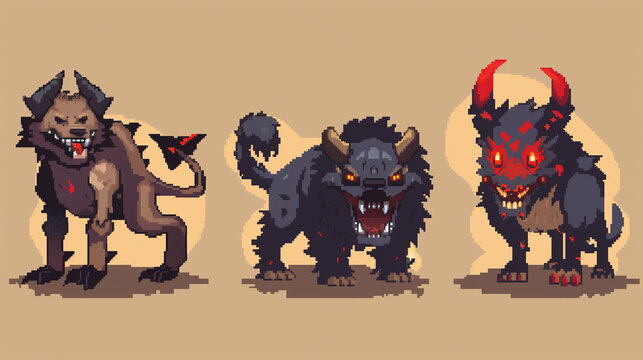A set of underworld minions: demon, imp, and hellhound , pixel art, game assets